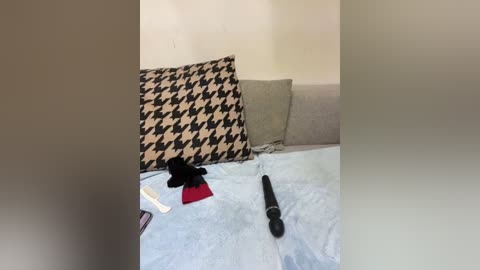 Media: Video of a beige couch with a houndstooth pillow and a grey pillow. A light blue blanket covers the couch, with a black vibrator, red panties, and a white remote on the blanket.