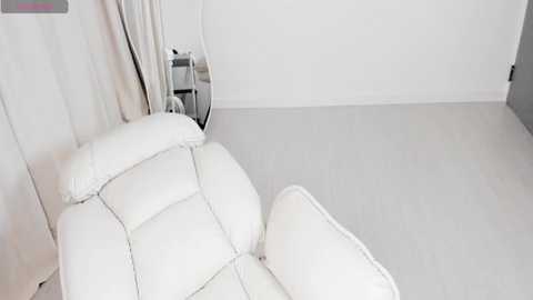 Media: A video of a minimalist, white-walled room featuring a white leather recliner chair with quilted detailing, a white rug, and a white bookshelf in the background.