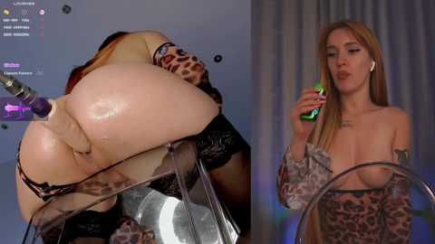 Media: A video features a light-skinned woman with long blonde hair, wearing a leopard print dress, posing seductively with a green drink, and another image showing her bent over a transparent glass table.