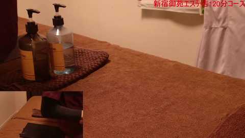 Media: Video of a brown carpeted room with a table holding two clear bottles and a black bottle, a white sink with a white towel, and a white cabinet.