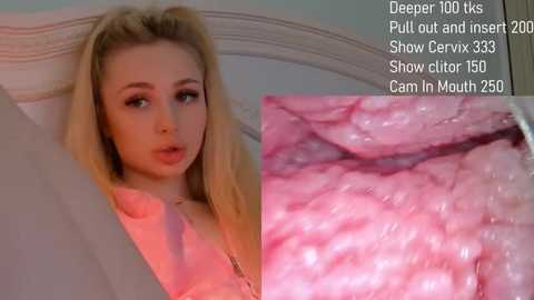 Video of a blonde woman with a pink shirt, looking surprised, with a close-up of pink, wet cervix, both on a light-colored background.