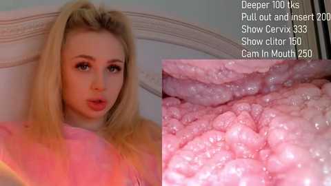 Media: Video of a young blonde woman in a pink top, looking seductively at the camera, with a close-up of a cerave 30% shower gel and a cam in mouth.