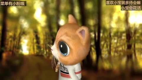 Media: A CGI image of a cute, anthropomorphic orange cat with large blue eyes, wearing a white and red jersey. The background is a blurred forest scene with warm, golden light filtering through the trees.