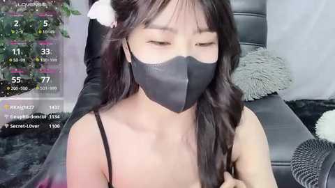 Media: Video of an Asian woman with long black hair, wearing a black face mask, black spaghetti-strap top, and sitting on a gray chair.