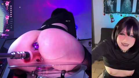 Media: Video of a pale-skinned woman with black hair, wearing black lingerie, bent over a glass table with a purple dildo inserted in her anus, smiling in another photo beside her.