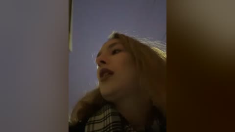 Media: Video of a young woman with light skin and long blonde hair, wearing a plaid shirt, captured in a dimly lit room with a blurry background.