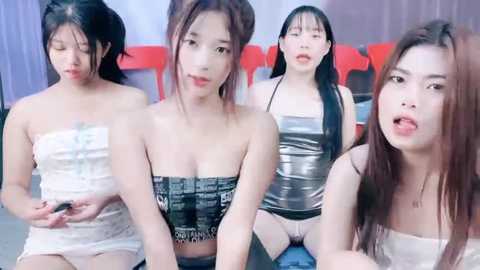 Media: Video of four Asian women, two with dark hair, two with light hair, seated, wearing revealing attire, in a dimly lit room with red chairs and a white and purple curtain.