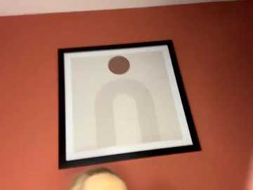 Media: A video shows a minimalist, abstract, black-framed artwork on a red wall, depicting a circular head and an arch-shaped body in muted beige tones. The artwork is centrally placed and slightly blurred, with a person's head partially visible at the bottom.