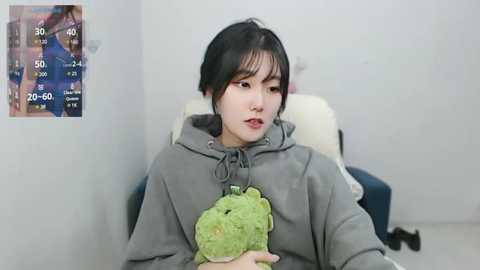 Media: A video of an Asian woman with short black hair, wearing a gray hoodie, cuddling a green plush toy, in a minimalist white room.