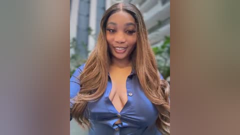 Media: Video of a smiling Black woman with long, wavy, light brown hair, wearing a low-cut, blue, button-up shirt, standing in front of modern, multi-story buildings with greenery.