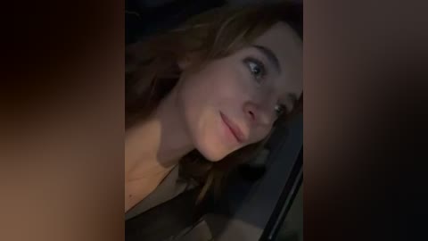 Media: A close-up video of a young woman with fair skin and light brown hair, wearing a beige top, seen from the side through a car window, dimly lit.