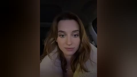 Media: Video of a Caucasian woman with wavy, shoulder-length brown hair, wearing a white blouse, sitting in a dimly lit car.