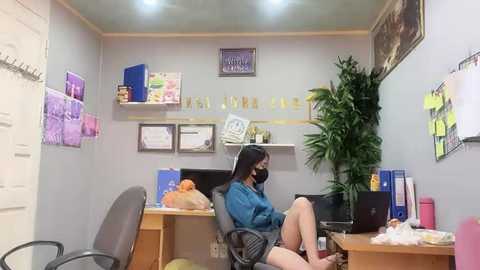 Media: Video of a small, cluttered office with a woman in a blue sweater and plaid skirt, seated at a desk, wearing a mask. The room has a greenish-gray wall, a plant, and various papers and books.