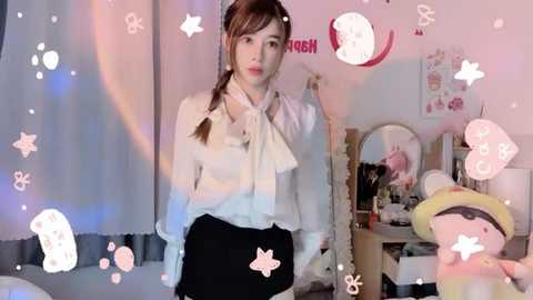 Media: Video of a young East Asian woman with long brown hair in a braid, wearing a white blouse and black skirt, posing in a pastel-colored room with star filters.