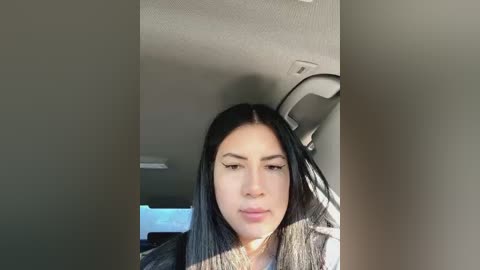 Media: Video of a young woman with long, straight black hair, fair skin, and dark eyeliner, sitting in a car, wearing a grey coat. Background shows a dark interior and sunlight streaming in.