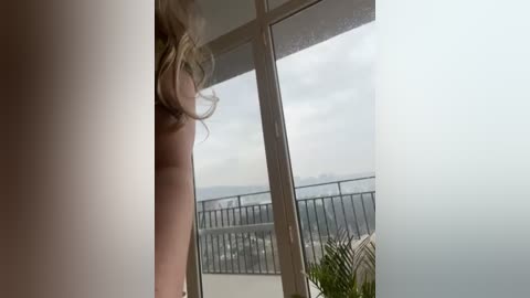 Media: A video of a blonde woman, possibly naked, leaning against a window frame, with a blurred cityscape and cloudy sky visible outside.