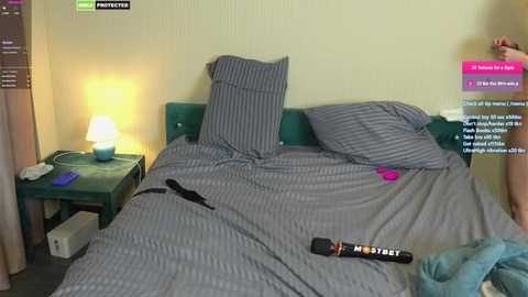 Media: Video of a messy, dimly-lit bedroom with a green headboard, gray striped bedding, a black bra on the bed, and a \"Masturbate\" dildo on the floor.