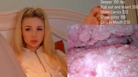 A video of a young blonde woman in a beige zip-up hoodie, captioned \"Deep Throat 100+ ks, Pull out and insert, Show cervix 35%, Show clit 150, Cam in Mouth 250.\