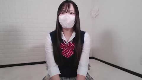 Media: A video of an Asian woman in a white face mask, black vest, and red striped tie, sitting on a tatami mat floor in a plain, white-walled room.