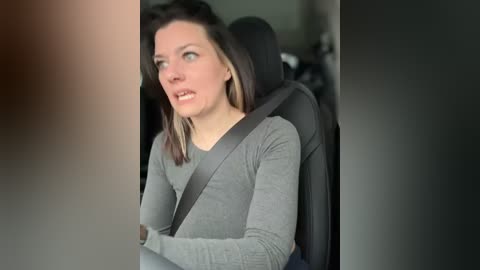 Video of a woman with shoulder-length brown hair, wearing a grey long-sleeve shirt, seated in a car, with a visible seatbelt and blurred background.