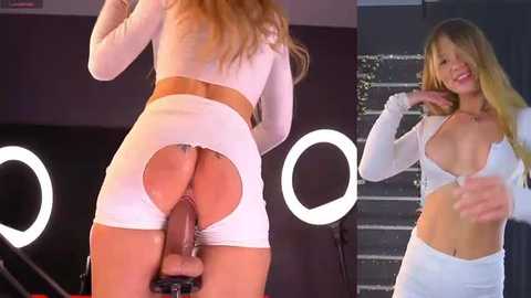 Media: A side-by-side photo collage features a blonde woman in a revealing white crop top and shorts, with a large penis strapped to her backside.