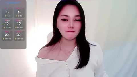 Media: A video of a young Asian woman with long black hair, wearing a white off-shoulder blouse, standing in a brightly lit room with a temperature gauge on the wall.