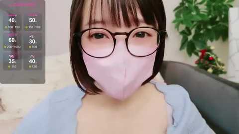 Media: A video of an Asian woman with short brown hair, wearing glasses and a pink face mask, in a light blue shirt, indoors with a plant and clock in the background.