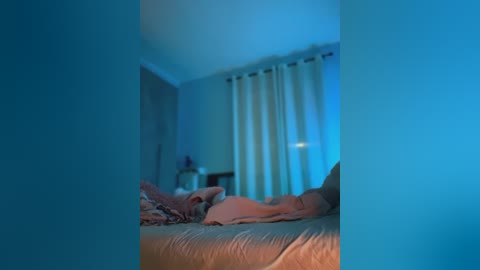 Media: Video of a dimly lit bedroom with a person lying on a bed, partially covered by a blanket, under blue-tinted lighting.