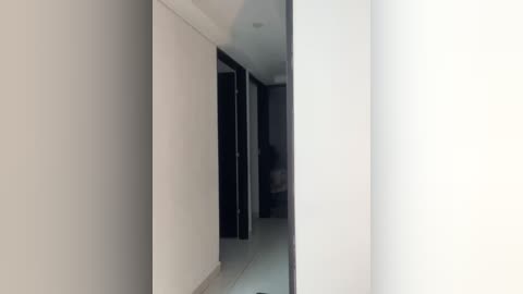 Media: A video of a narrow, dimly lit hallway with white walls and a beige tiled floor. The hallway features a single doorway on the right, partially open, revealing a person standing inside. The image is slightly blurred.