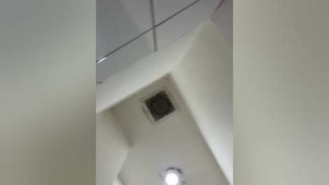 Media: A video captures a ceiling corner in a bathroom, featuring a white ceiling with a recessed light and square tiles. The angle is from below, showing a clean, minimalist design with a focus on the lighting fixture.