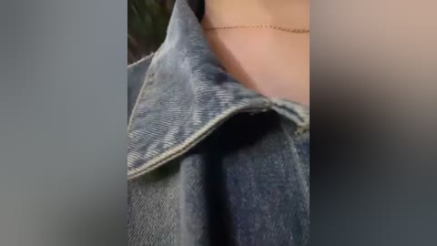 Media: Video of a person's neck and shoulder, wearing a blue denim jacket with a chain necklace. The background is blurred, focusing on the texture of the jacket and the delicate chain.