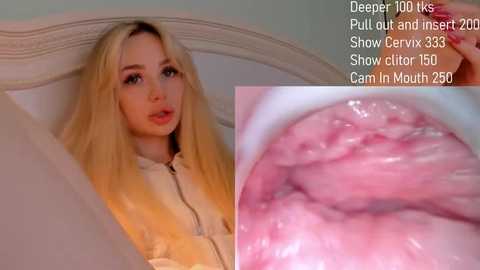 Video of a blonde woman in a beige jacket, with close-up of a pink, moist cervix, both displayed on a white background, with text about deepthroats and pull-outs.