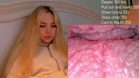 A video of a blonde woman with long hair, wearing a beige jacket, sitting on a bed. The inset image shows close-up, pink, inflamed vaginal tissue.