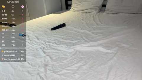 Media: Video of a bed with white sheets and a black vibrator on the right side. A smartphone screen with a \"Clovers\" app is visible in the top left, showing a list of users and a chat.