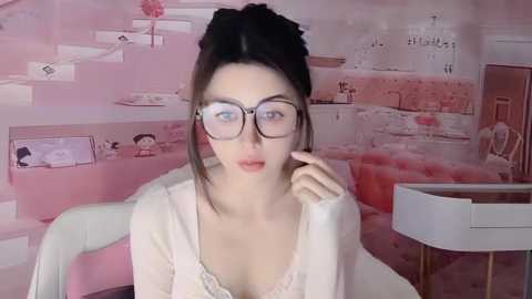 Media: A video of a fair-skinned woman with dark hair in a bun, wearing glasses and a white cardigan, sitting indoors with a pink, cartoon-style wallpaper background.