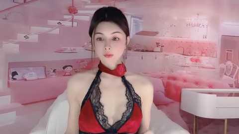 Media: Video of a slender, East Asian woman with light skin and dark hair in a ponytail, wearing a red satin top with black lace trim, seated indoors.