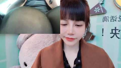 Media: Video collage featuring a close-up of a woman's buttocks in tight pants, a close-up of her face with a soft smile, and a wall with Chinese characters.