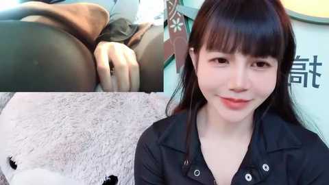 Media: Video collage: top left, close-up of a man's buttocks and crotch in brown leather pants; top right, close-up of a smiling East Asian woman with straight black hair and fair skin; bottom, a plush bear on a white rug.