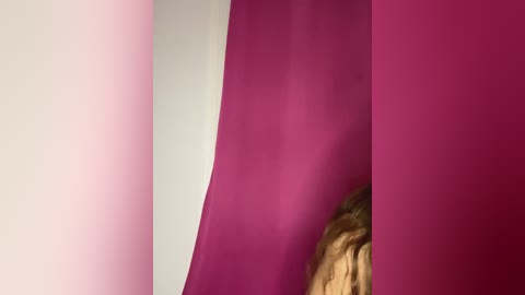 Media: A video of a child's head peeking out from behind a magenta curtain, partially obscured. The child has light brown hair and is smiling. The background is a soft white wall.