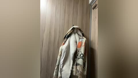 Media: A video of a white and gray knitted scarf with orange and black patterns, draped over a wooden door handle in a beige-walled hallway.