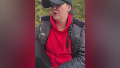 Media: Video of a fair-skinned woman with a light brown braid, wearing a red hoodie under a dark gray puffer jacket and cap, seated outdoors on a black chair with a blurred green background.