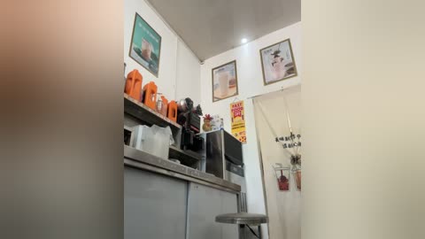 Media: Video of a small, cozy kitchen with white walls, stainless steel appliances, orange and black mugs, framed artwork, and a hanging sign.