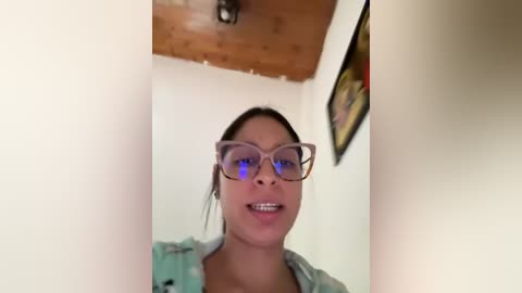 Media: A video of a woman with light skin, dark hair tied back, wearing glasses and a light blue shirt, standing in a wooden ceiling room, with a framed picture on the wall.