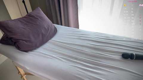 Media: A video of a simple, neatly made bed with a gray sheet and a purple pillow, a black vibrator on the bed, and a partially visible screen displaying a pink heart icon.