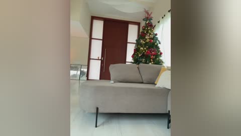 Media: Video of a modern living room with a gray sofa, a tall decorated Christmas tree, and a large wooden door in the background.