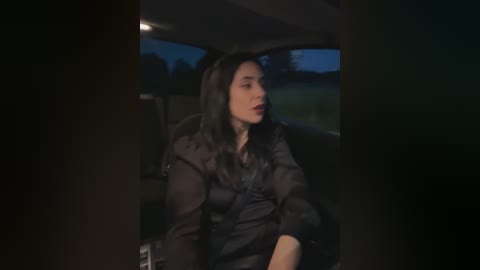 Media: Video of a woman with long, straight black hair, wearing a black jacket, sitting in a dimly lit car at night, looking contemplative, with a blurred, dark outdoor scene in the background.