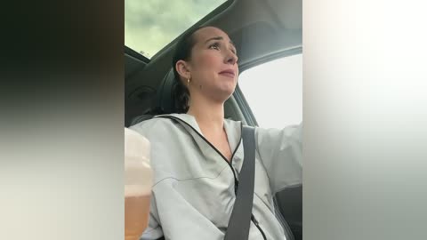 Media: Video of a woman in a light grey hoodie, wearing a seatbelt, driving a car with a green-tinted windshield, seen from the side, slightly blurred background.