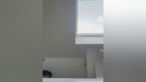 Media: A video of a minimalist bathroom featuring a small, rectangular skylight with a white ceiling and a white sink. The walls are a soft, light grey, and there is a white towel hanging on a silver towel rack.