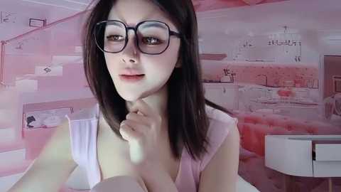 Media: Video of a young Asian woman with straight black hair, wearing black-rimmed glasses, and a pink sleeveless top, holding her chin in a thoughtful pose. Background features a pink-themed, modern interior with a desk and cityscape mural.