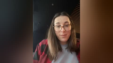 Media: Video of a young woman with light skin, straight brown hair, and glasses, wearing a red and black plaid shirt over a white shirt, indoors with a dark background and a wooden window blind.